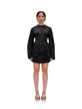 Andrea Iyamah Lenti Black Pleated Long-Sleeve Mini Dress